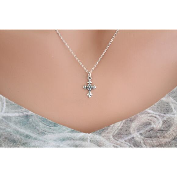 Sterling Silver Textured Cross Charm Necklace, Silver Textured Cross Charm - Picture 2 of 3